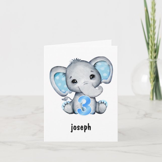 Cartão de aniversário de 3 anos Elefante Blue Baby (Frente)