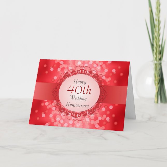 Cartão de Aniversário de 40 anos Ruby Red Bokeh (Frente)
