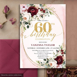 Cartão de Aniversário de 60 anos Boho Burgundy Gol