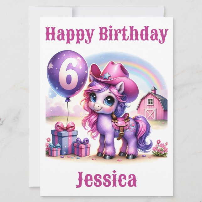 Cartão de Aniversário de 6 Anos da Cowgirl Pony (Frente)
