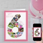 Cartão de Aniversário de 6 de Colagem de Foto Núme<br><div class="desc">Cartão com fotos de aniversário único e personalizado para uma garotinha. O modelo de foto está configurado para que você adicione suas fotos favoritas a esta colagem de fotos número 6 e um dentro de fotos especial extra. Você também pode adicionar o nome dela à frente e personalizar o dentro...</div>