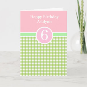 Cartão de Aniversário de 6 de Gingham Rosa e Verde