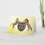 Cartão de aniversário de 70 anos com cavalos de cr<br><div class="desc">Cavalos rasgados com escudo heráldico...   Veja as cartas na minha loja.http://www.zazzle.com/eggznbeenz</div>