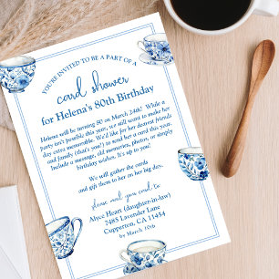 Cartão de Aniversário de 80 Anos Blue Teacups Chuv