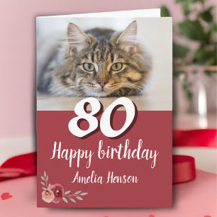 Cartão de Aniversário de 80 anos com Foto de Gato 