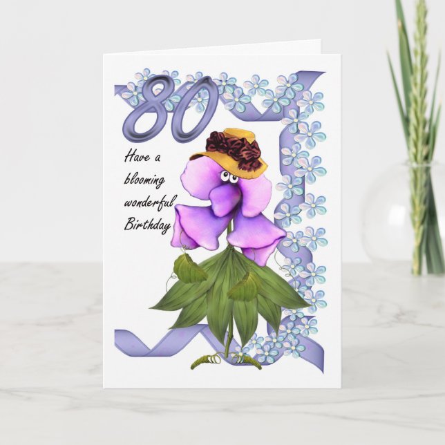 Cartão de Aniversário de 80 com flores bonitinhas  (Frente)