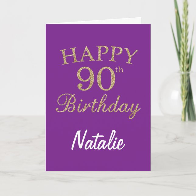 Cartão de Aniversário de 90 anos com Brilho Roxo e (Frente)
