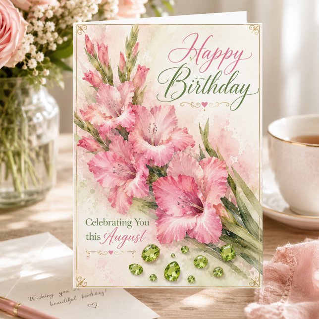 Cartão de Aniversário de Agosto com Gladiolus Rosa (Criador carregado)