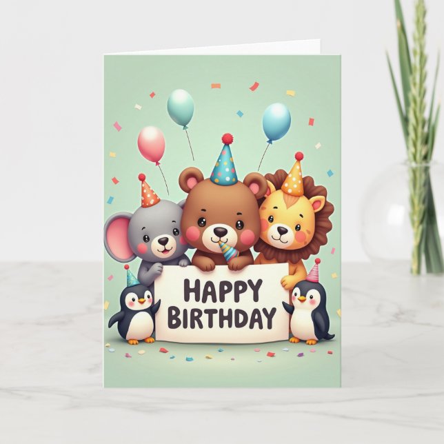 Cartão de Aniversário de Amigos Animais Alegres (Frente)
