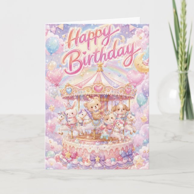 Cartão de Aniversário de Animais com Bolo de Anive (Frente)