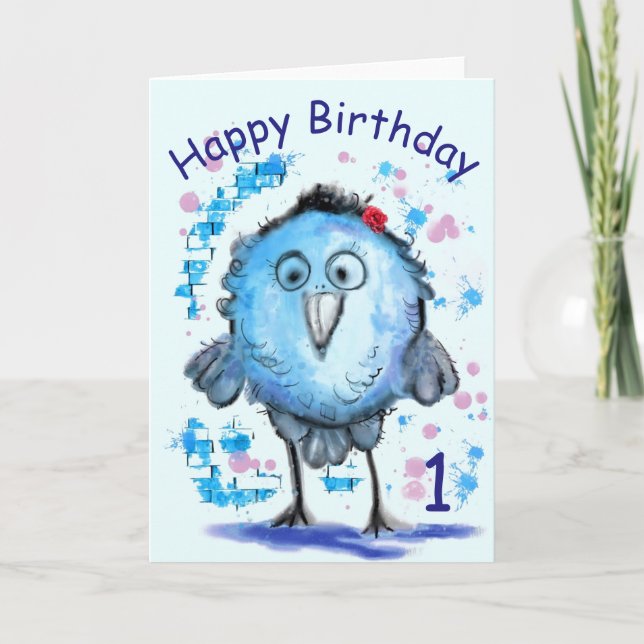 Cartão de Aniversário de Bebê 1º Pássaro Engraçado (Frente)