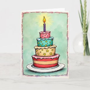 Cartão de Aniversário de Bolo de Aquarela