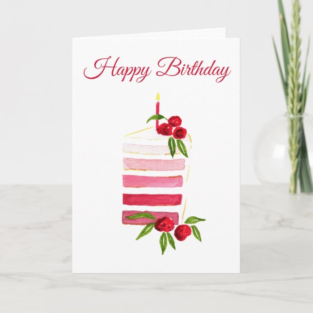 Cartão de Aniversário de Bolo de Framboesa Aquarel (Frente)