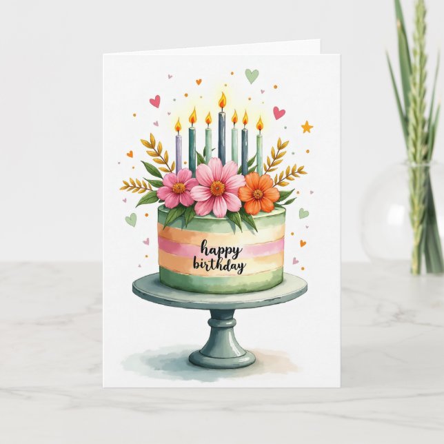 Cartão de Aniversário de Bolo Floral (Frente)