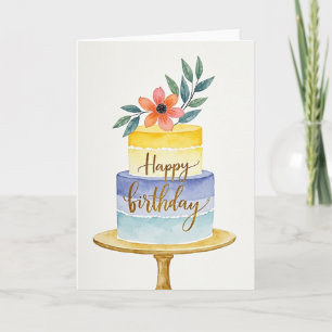 Cartão de Aniversário de Bolo Floral em Aquarela