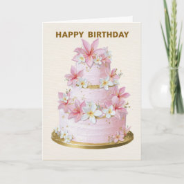 Cartão de Aniversário de Bolo Floral Rosa e Branco