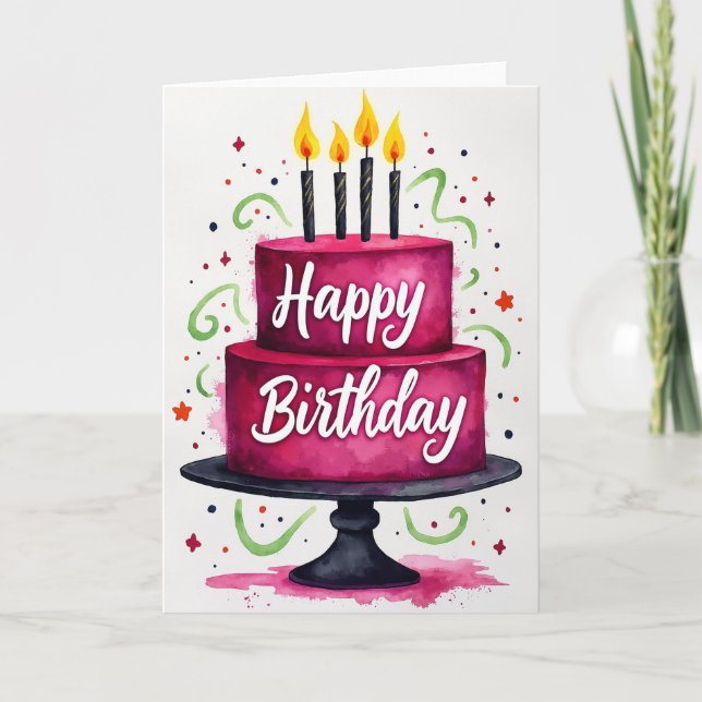 Cartão de Aniversário de Bolo Fúcsia (Frente)