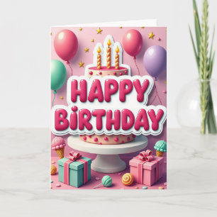 Cartão de Aniversário de Bolo Rosa
