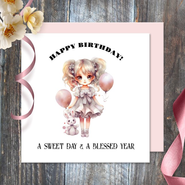 Cartão de Aniversário de Boneca Doce de Aquarela (Birthday card featuring a watercolor painting of a cute girl with a sweet bunny doll)
