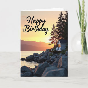 Cartão de Aniversário de Cabana com Paisagem Marít