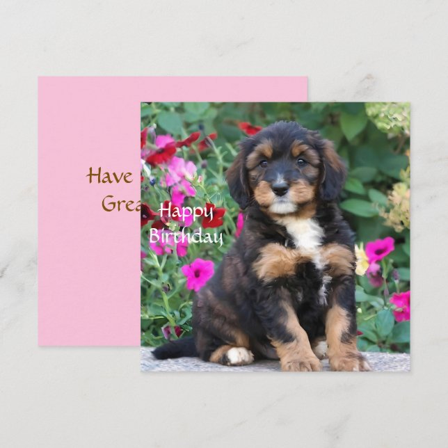 Cartão de aniversário de cachorrinho Bernedoodle e (Frente/Verso)