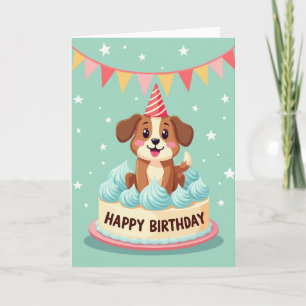 Cartão de Aniversário de Cachorro Alegre em Bolo