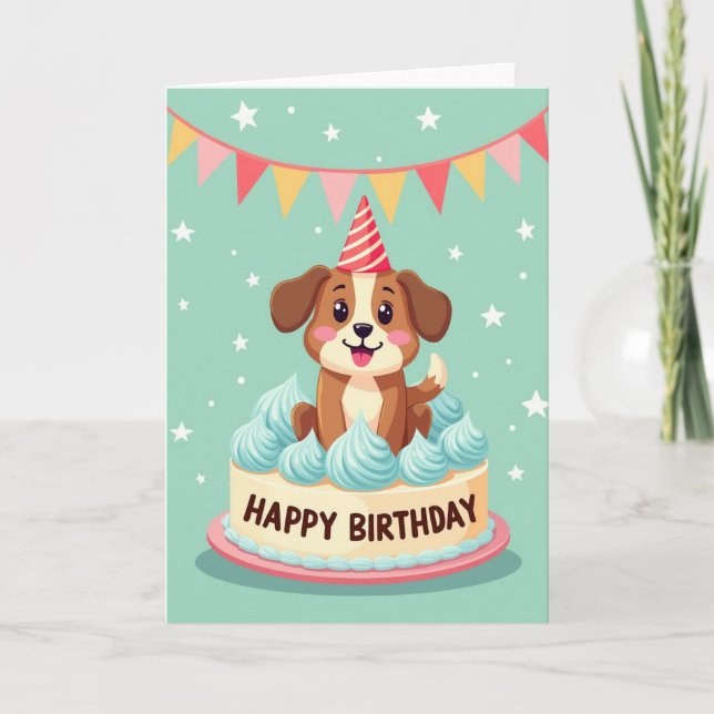 Cartão de Aniversário de Cachorro Alegre em Bolo (Frente)