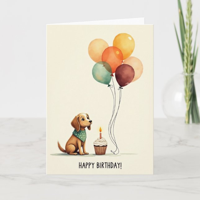 Cartão de Aniversário de Cachorro em Aquarela (Frente)