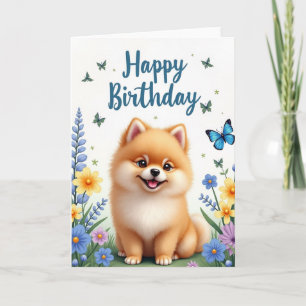 Cartão de Aniversário de Cachorro Floral