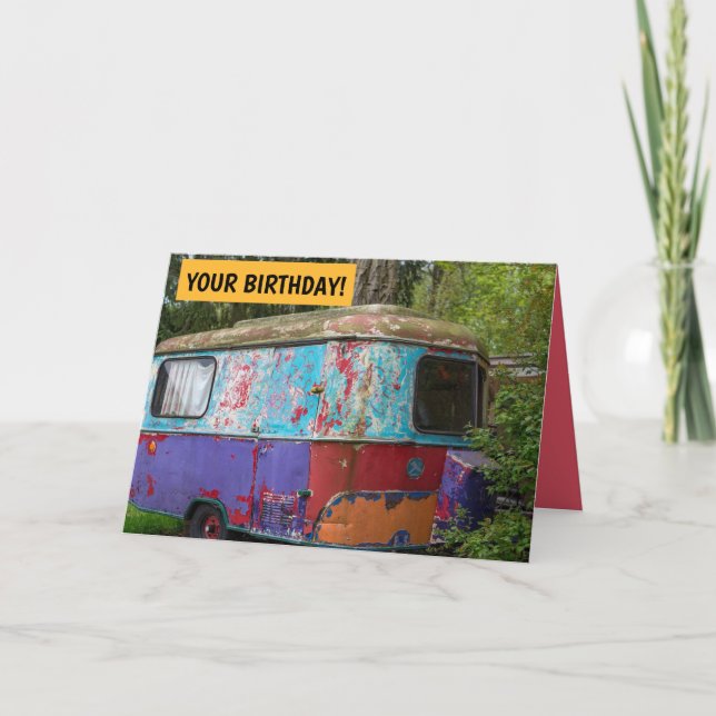 CARTÃO DE ANIVERSÁRIO DE CAMPER HIPPIE VINTAGE HIP (Frente)