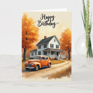 Cartão de aniversário de carro de outono vintage