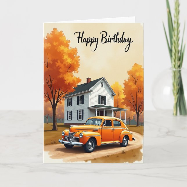 Cartão de Aniversário de Carro Outonal (Frente)