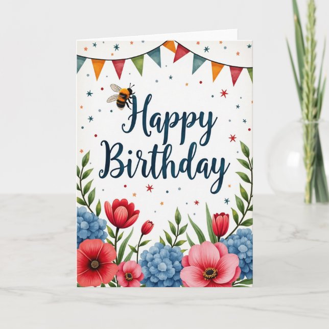 Cartão de Aniversário de Celebração com Bandeirola (Frente)