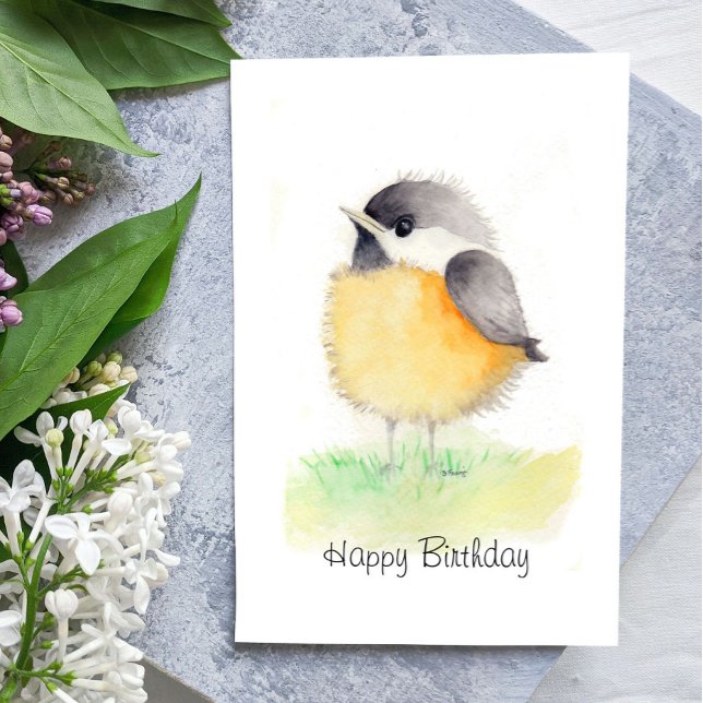 Cartão de Aniversário de Chickadee Watercolor (Criador carregado)