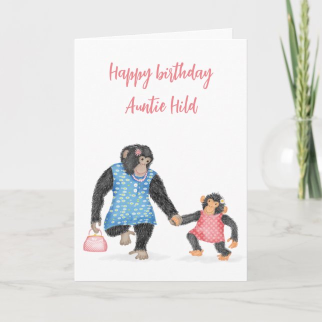 Cartão de aniversário de chimpanzé bonito para tia (Frente)