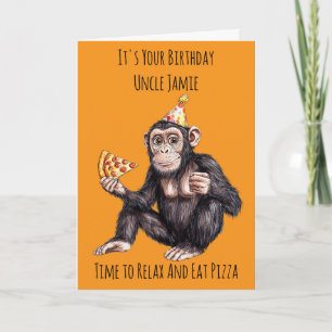 Cartão de Aniversário de Chimpanzé Comendo Pizza