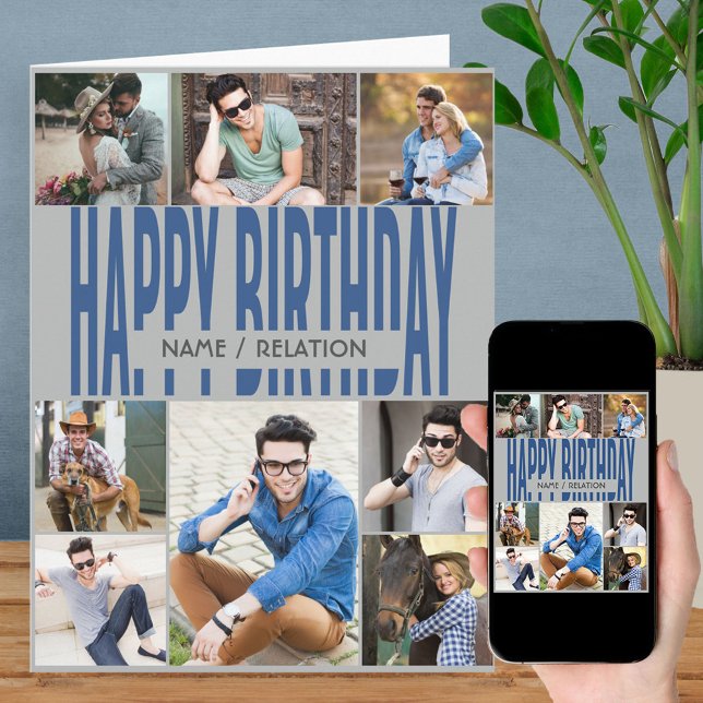 Cartão de Aniversário de Cinza Azul de Colagem Azu (Criador carregado)