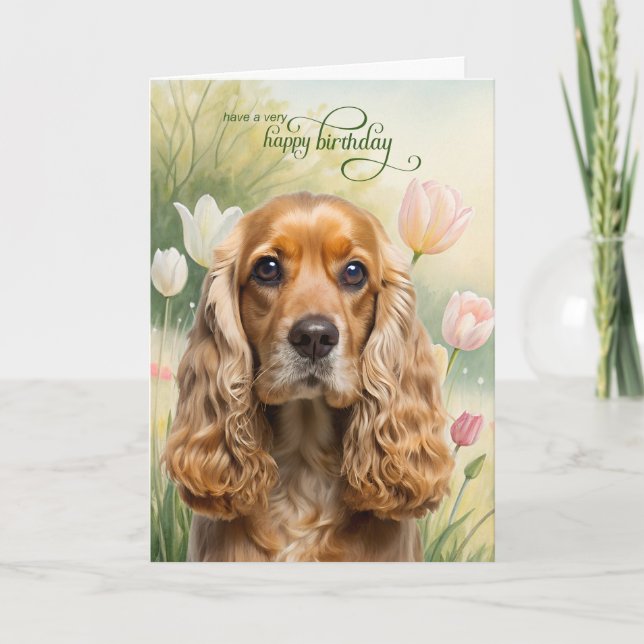 Cartão de Aniversário de Cocker Spaniel em um Jard (Frente)