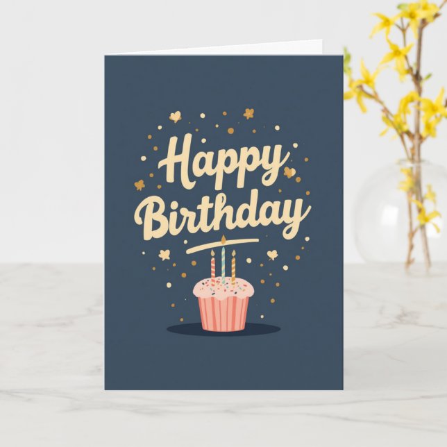 Cartão de Aniversário de Cupcake Azul (Flor Amarela)