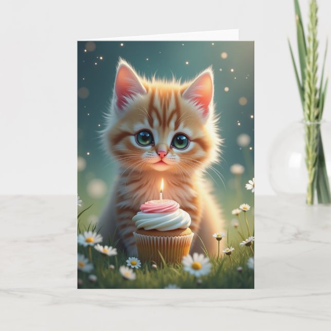 Cartão de Aniversário de Cupcake de Gatinho (Frente)
