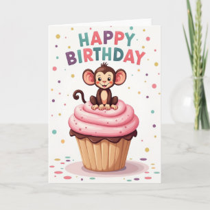 Cartão de Aniversário de Cupcake do Macaco Brincal