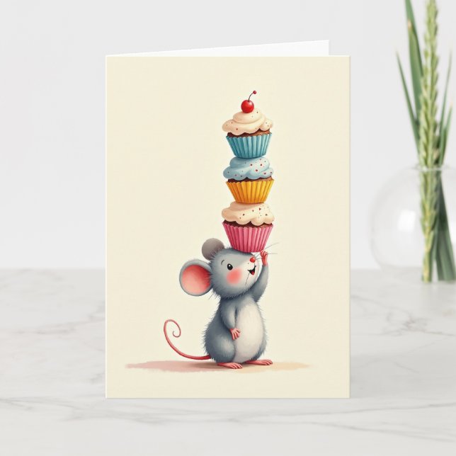 Cartão de Aniversário de Cupcake do Rato Alegre (Frente)