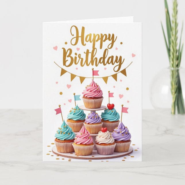 Cartão de Aniversário de Cupcake Pastel (Frente)