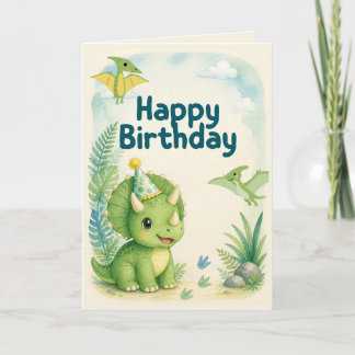 Cartão de aniversário de dinossauro fofo | Aquarel