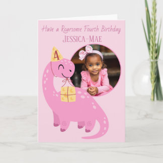 Cartão de Aniversário de Dinossauro Rosa 4 Anos