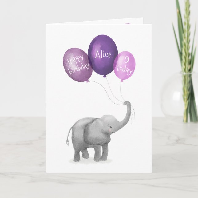 Cartão de aniversário de elefante de bebê (roxo) (Frente)