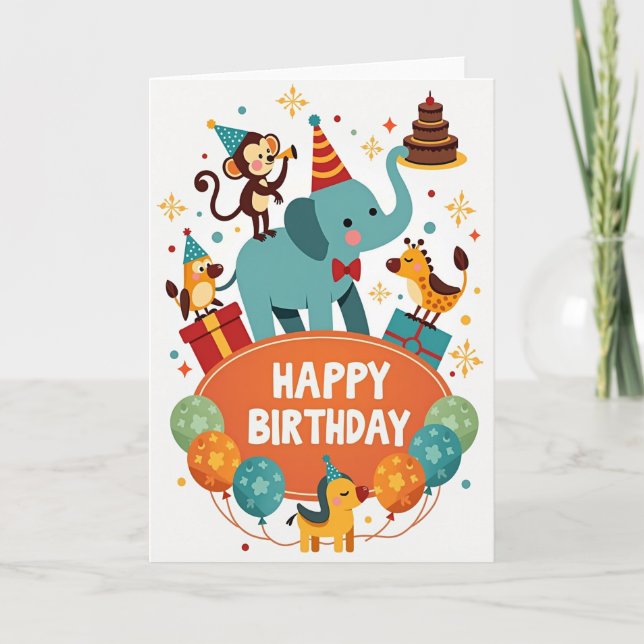 Cartão de Aniversário de Elefante Macaco (Frente)