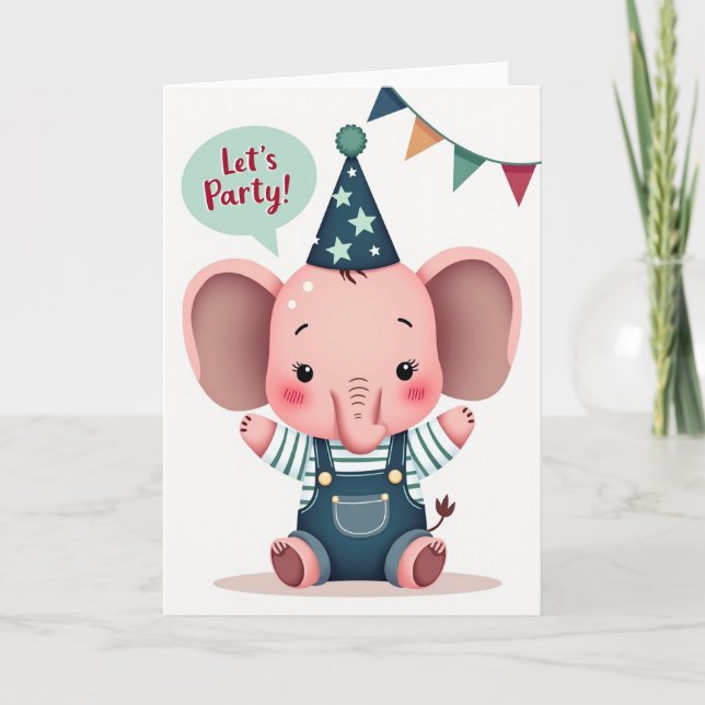 Cartão de Aniversário de Elefante Rosa (Frente)