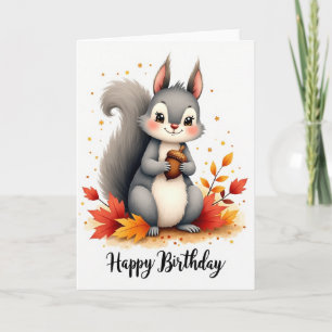 Cartão de Aniversário de Esquilo de Outono com Bol