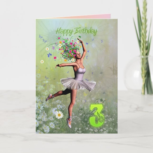 Cartão de aniversário de fada de flores com 3 anos (Frente)
